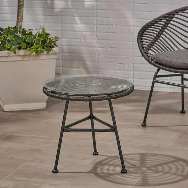 Noble House Orlando Grey Round Woven Faux Rattan Outdoor Side Table with Glass Top