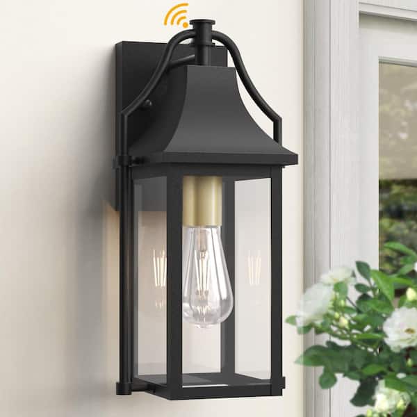 Hawaii 15 in. H 1-Bulb Black/Gold Hardwired Outdoor Wall Lantern Sconce with Dusk to Dawn