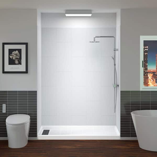 60 in. L x 32 in. W x 75 in. H 4-Pieces Alcove Shower Kit with Glue Up Shower Wall and Shower Pan in White and White/MB