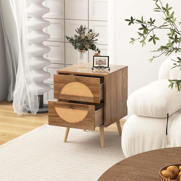 2-Piece 2-Drawers 16 in. W Rattan Nightstand with Solid Wood Legs Compact Wood Coffee Table