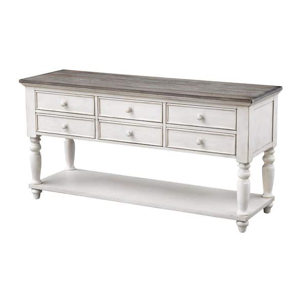 Coast To Coast Accents Bar Harbor II 60 in. Cream Standard Rectangle Wood Console Table with 6-Drawers