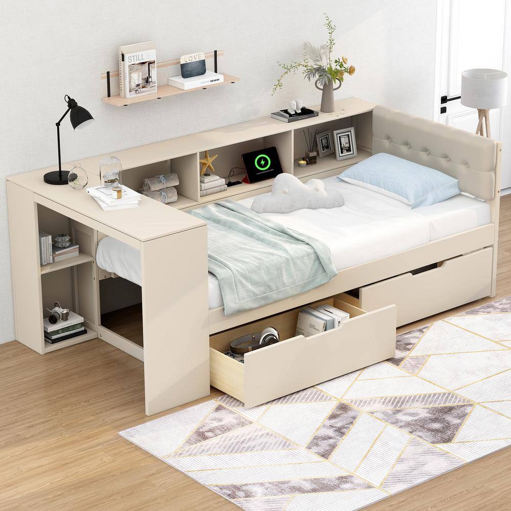 White Wood Frame Twin Platform Bed with Upholstered Headboard, Storage Shelves and Charging Station price history on PriceWatchPro