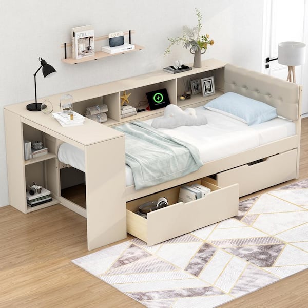 White Wood Frame Twin Platform Bed with Upholstered Headboard, Storage Shelves and Charging Station