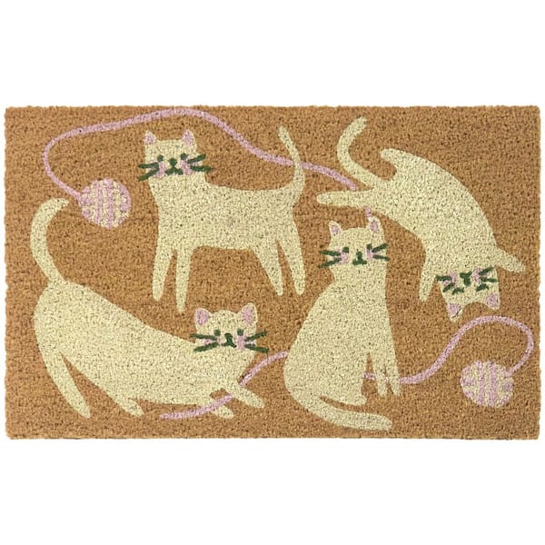 Cats & Yarn Cream/Pink 18 in. x 30 in. Coir Indoor/Outdoor Door Mat