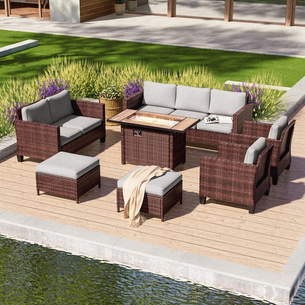 7-Pieces Patio Conversation Set with Rectangle Fire Pit Table and Loveseat Sofa, Brown Wicker with Linen Gray Cushions