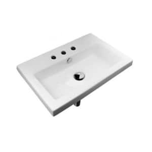 Seie 40 Wall Mounted Ceramic Vessel Bathroom Sink in White with 3 Faucet Holes