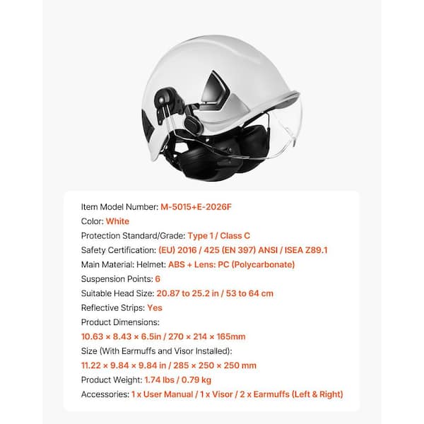 SKYSHALO Industrial Safety Helmet ANSI/ISEA Z 89.1 Approved ABS Hard Hat with Visor and Earmuffs 6-Point Ratchet Suspension