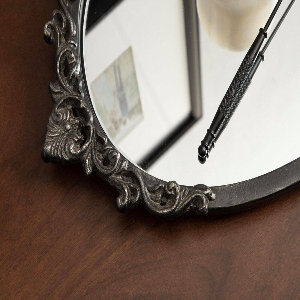 Antique Black Ornate Oval Mirrored Decorative Tray
