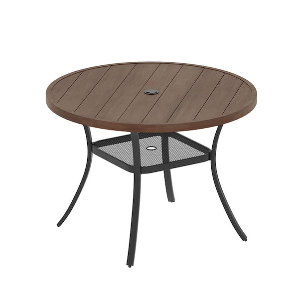 Walnut Metal 42 in. All Weather Round Outdoor Dining Table with 1.57 in.-1.90 in. Umbrella Hole for 4 People