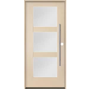 BRIGHTON Modern Faux Pivot 36 in. x 80 in. 3-Lite Left-Hand/Inswing Satin Glass Unfinished Fiberglass Prehung Front Door
