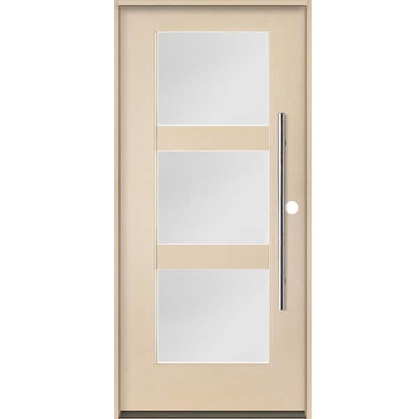Krosswood Doors BRIGHTON Modern Faux Pivot 36 in. x 80 in. 3-Lite Left-Hand/Inswing Satin Glass Unfinished Fiberglass Prehung Front Door