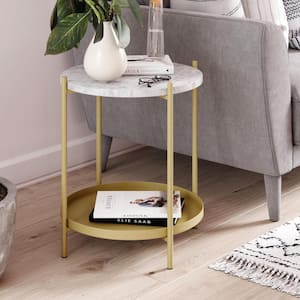 Alexis White Faux Marble with Gold Brass Metal Frame Round End Side Table