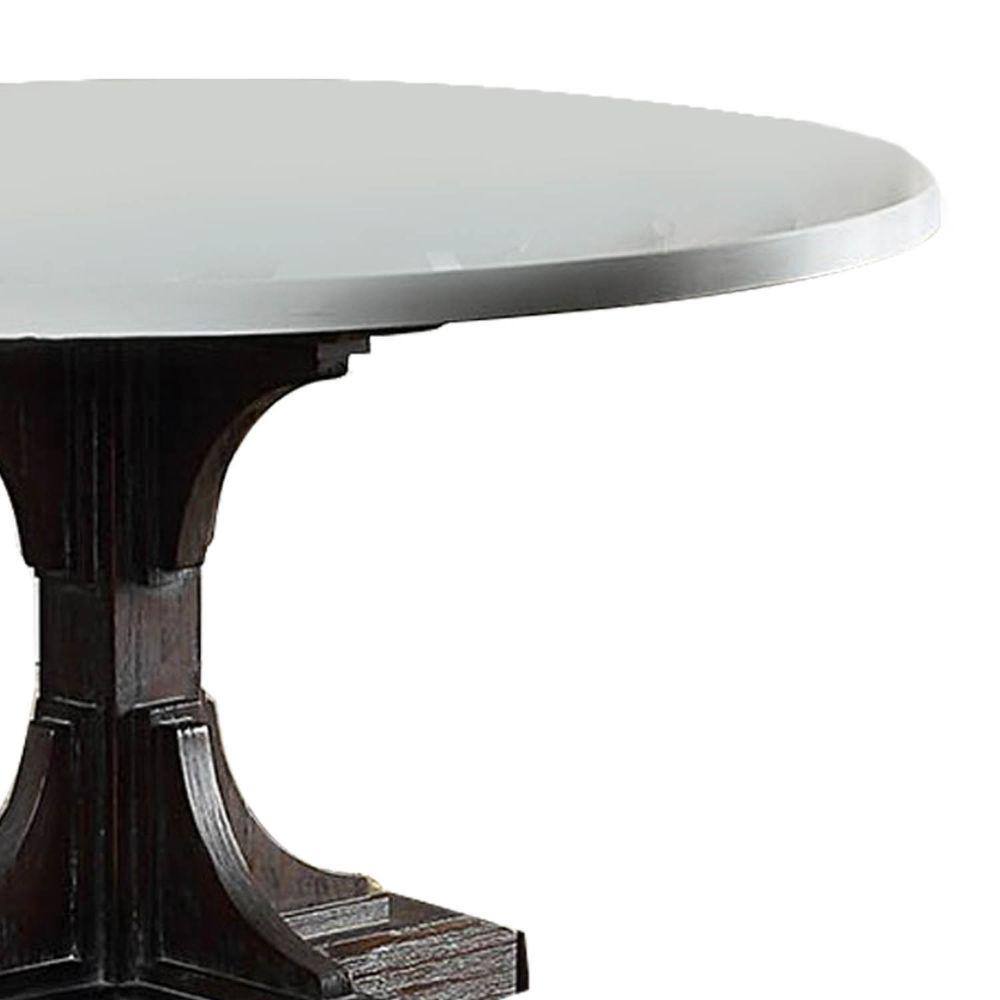 Round White Marble Top Dining Table with Dark Wood Pedestal Base