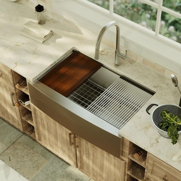 33 in. Farmhouse/Apron-Front Single Bowl 16-Gauge Stainless Steel Workstation Kitchen Sink