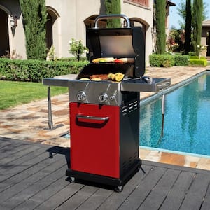 2-Burner Propane Gas Pedestal Grill in Red With Folding Side Shelves