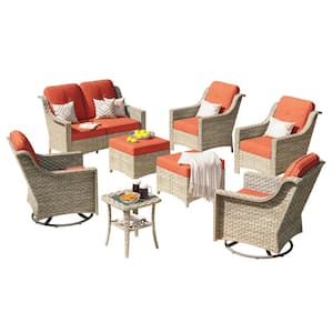 Leila 8-Piece Wicker Patio Conversation Seating Sofa Set with Orange Red Cushions and Swivel Rocking Chairs