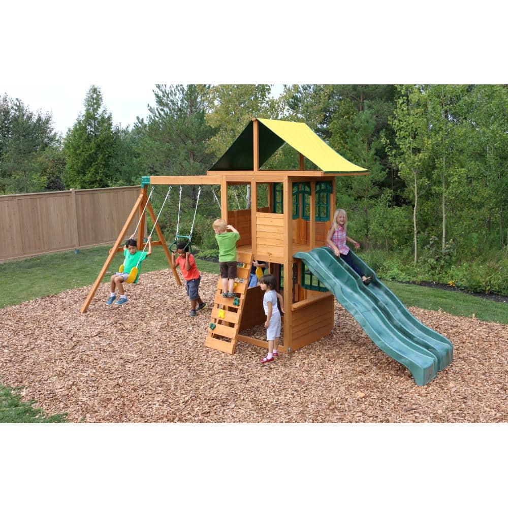 Treasure Cove Cedar Wooden Swing Set with Green Slides