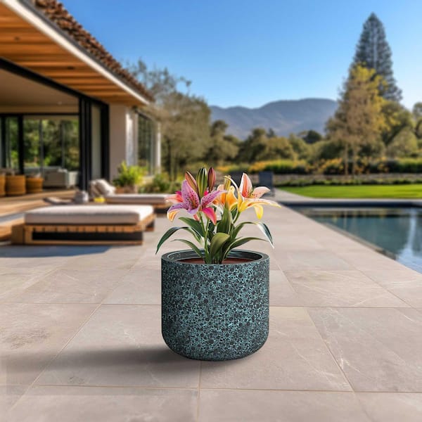 17.5 in. Large Blue Patina (Enhanced Interior) Concrete Round Planter / Pot with Drainage Holes