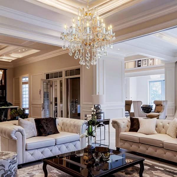 D30 in. 15-Light Modern Gold Candle Crystal Chandelier Luxury Crystal Chandelier for High Ceiling Staircase, Living Room