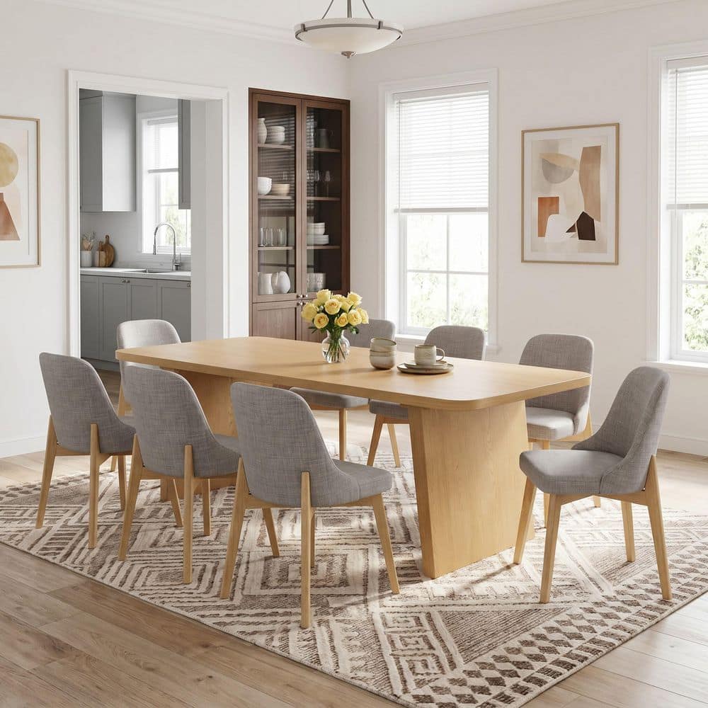9 Piece Modern Rectangular Wood Top 79 in. Panel Base Dining Table Set Seats 8
