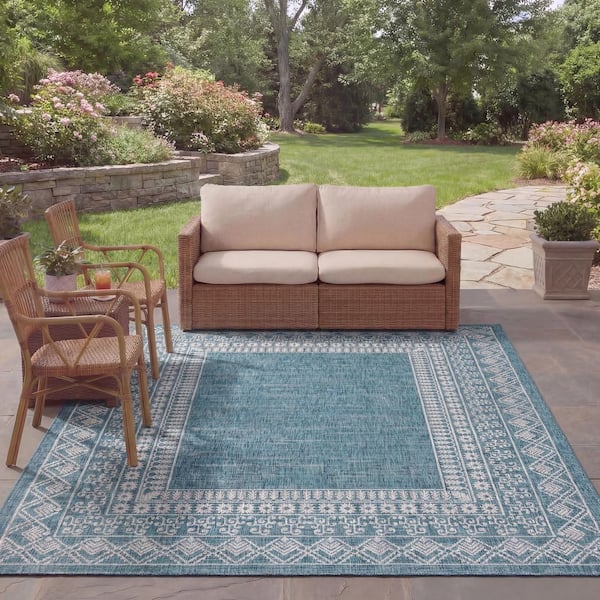 Courtyard Blue/Gray 8 ft. x 11 ft. Border Ornate Indoor/Outdoor Area Rug