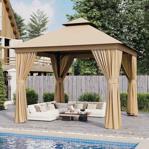 Beige Outdoor Gazebo for Patio 10 ft. x 10 ft. Metal Frame Canopy with Double Roofs, Heavy Duty Party Tent and Shelter