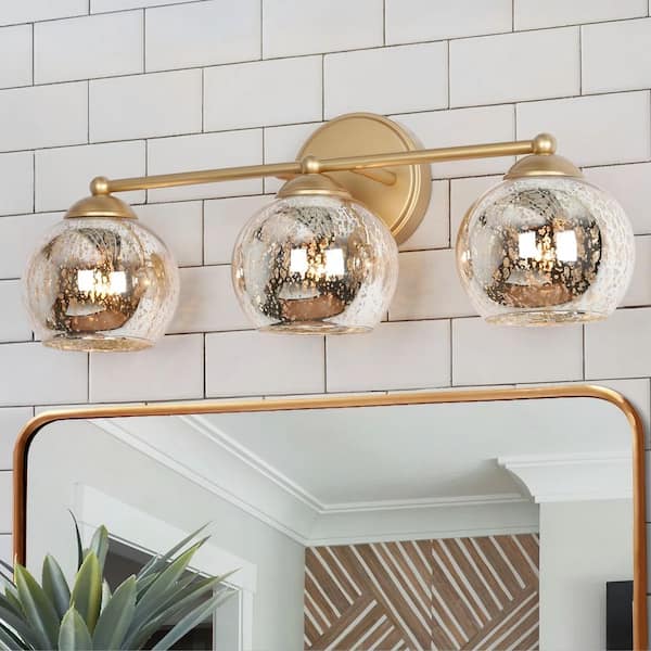 21 in. 3-Light Modern Gold Bathroom Vanity Light, Globe Mercury Glass Bath Lighting, Powder Room Bath Vanity Light