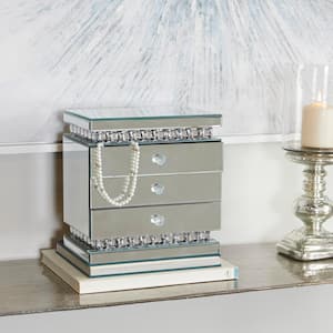 Silver Wood Mirrored 3 Drawers Jewelry Box with Crystal Embellishments