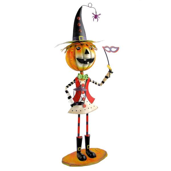 Zaer Ltd. International 39 in. Iron Jack-O-Lantern Head Girl with Witch's Hat and Mask Halloween Yard Decoration