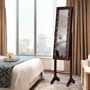 Coffee LED Lighting Mirrored Jewelry Cabinet Armoire Free Standing Dressing Organizer 57''x14''x12.5''