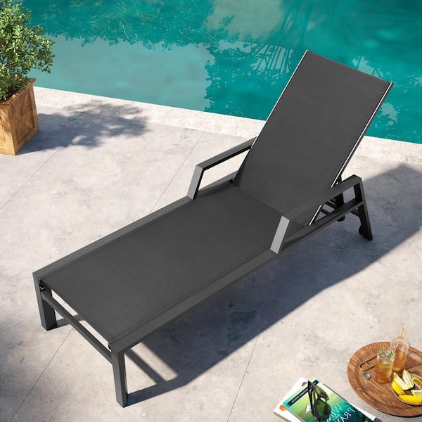 Pellebant Black Aluminum Adjustable Backrest Outdoor Chaise Lounge Chair with Wheels