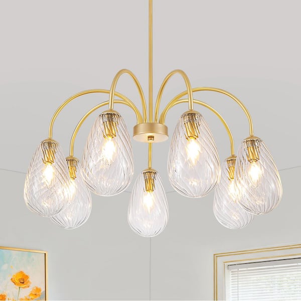 7-Light Mid-Century Gold Sputnik Chandelier with Textured Glass Shades for Entryway & Living Room