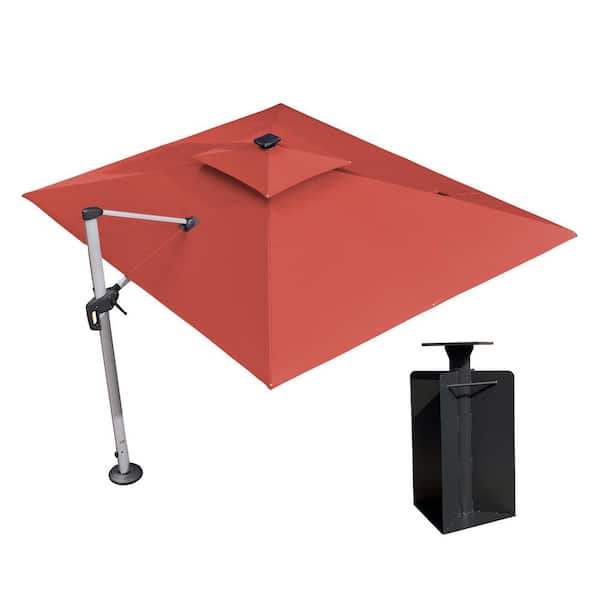 PURPLE LEAF 9 ft. x 12 ft. Aluminum Solar Powered LED Patio Cantilever Offset Umbrella with Base in Ground, Brick Red