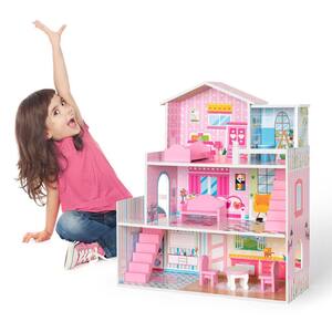 Pink Wooden Dollhouse with Furniture