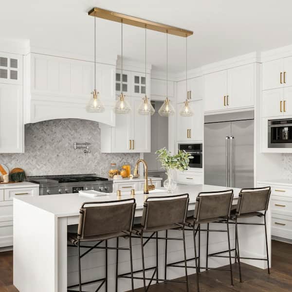 Modern 5-light Imitation Electroplated Copper Island Pendant Light, Linear Chandelier with Barn Crackle Glass Shade