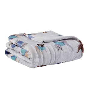 Overd Plush Grey Dogs 60 in. x 70 in. Printed Heated Throw