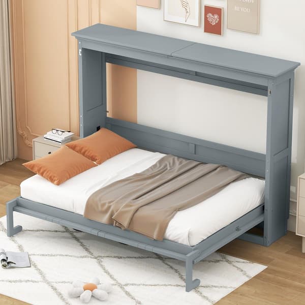 Halden Gray Wood Frame Full Size Murphy Bed, Wall Bed Folded into a Cabinet
