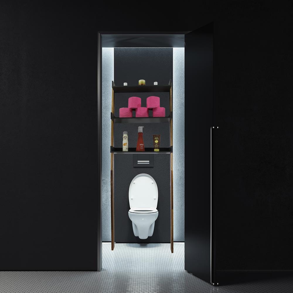 Gray Wood Over-the-Toilet Ladder Shelf with Storage Trays