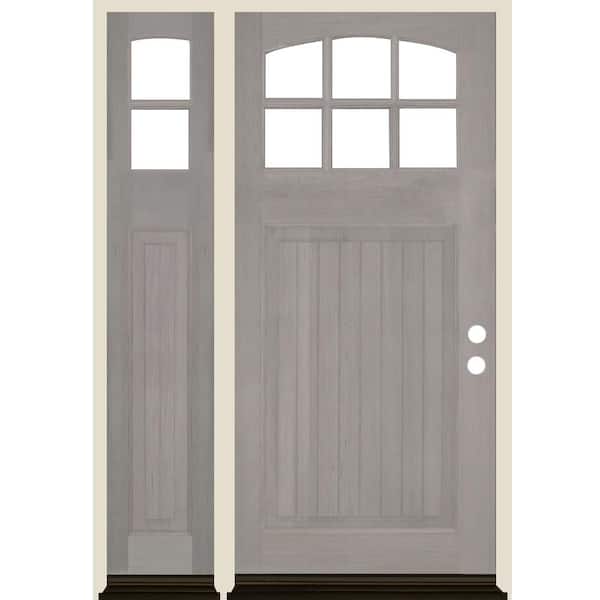 Krosswood Doors 50 in. x 80 in. Craftsman V-Groove Arched 6-Lite Clear Glass Grey Stain Left Hand Hemlock Wood Prehung Front Door w/LSL