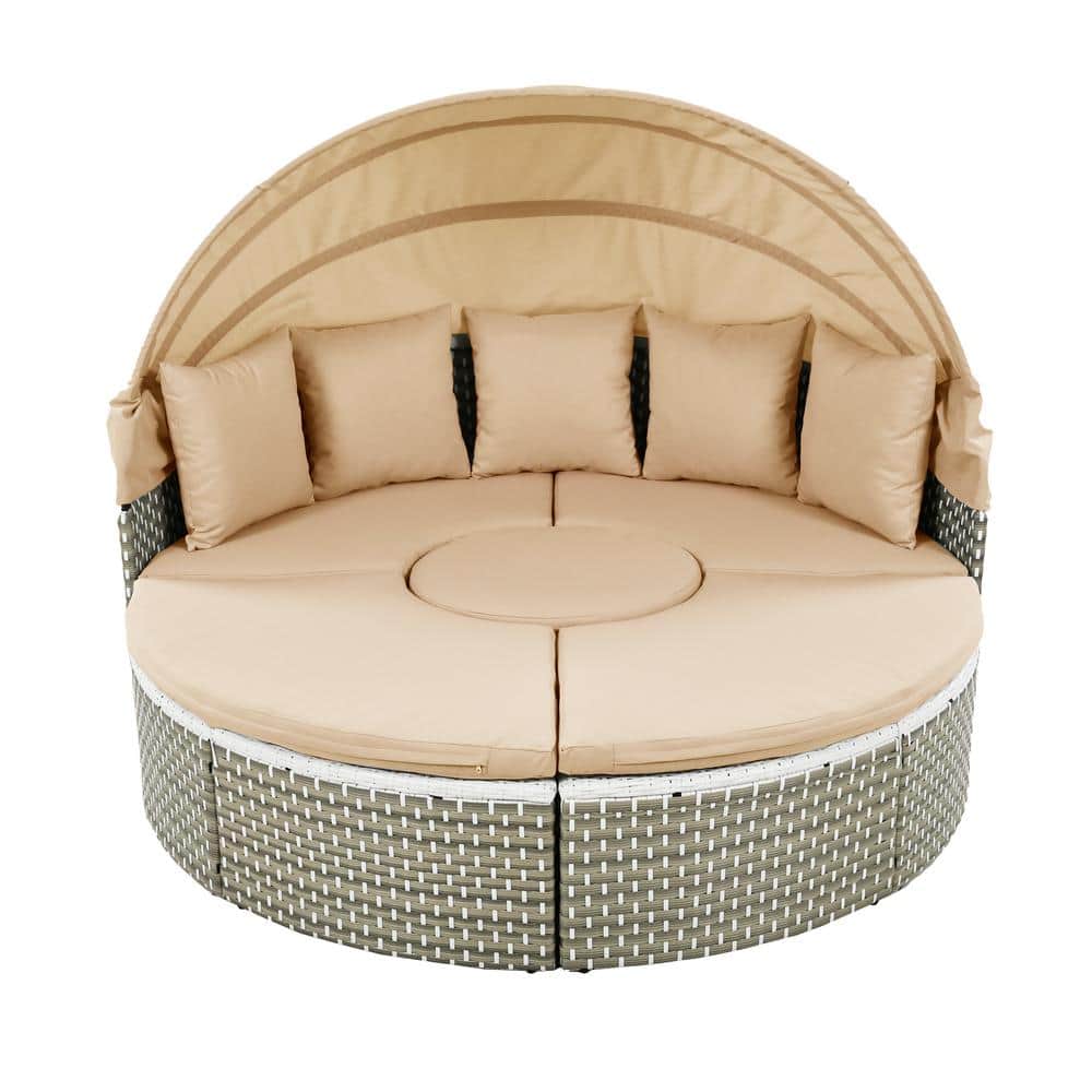 Natural Wicker Patio Outdoor Rattan Day Bed with Light Coffee Cushions, Retractable Canopy and Separate Seating price history on PriceWatchPro
