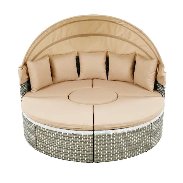 Zeus & Ruta Natural Wicker Patio Outdoor Rattan Day Bed with Light Coffee Cushions, Retractable Canopy and Separate Seating