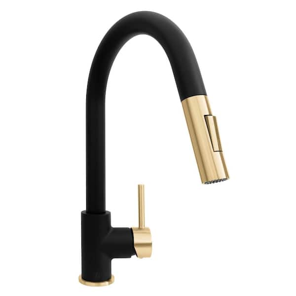 Autograph Edition 15 in. Gemini Pull Down Single Handle Kitchen Faucet in Matte Black and Champagne Bronze