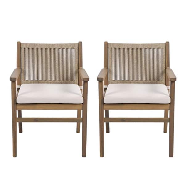 Oyezvary 2-Piece Light Brown Wood Outdoor Dining Chair with White Cushion, Waterproof, and Rope Back Design for Lawn, Patio