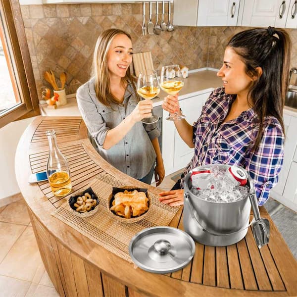 3L Stainless Steel Insulated Ice Bucket Ice Container with Lid Scoop Strainer Handle for Wine Champagne Beer Parties