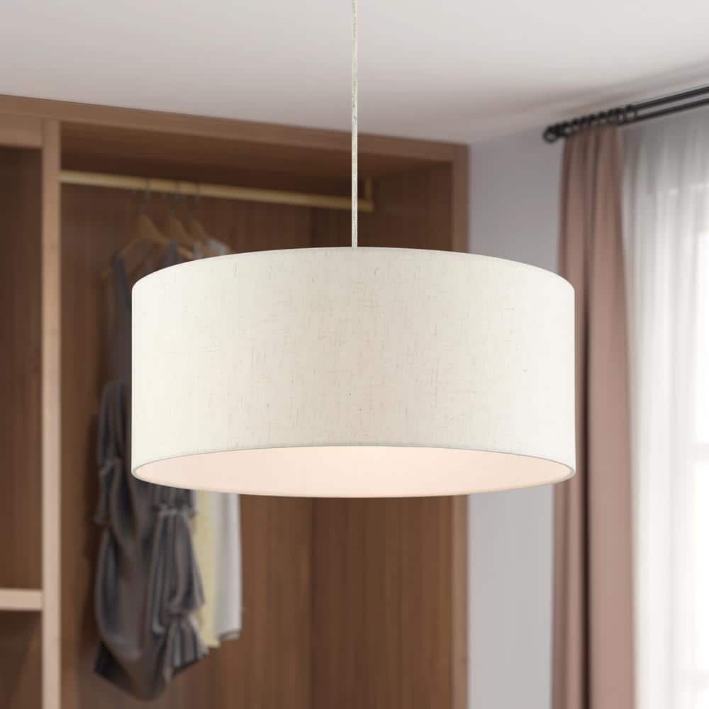 Meadow Brushed Nickel 3-Light Drum Pendant with Oatmeal Shade