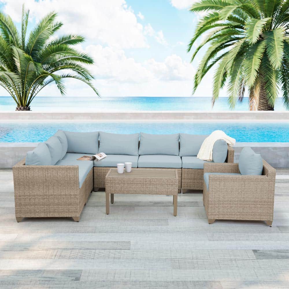 Maui 8-Piece Wicker Patio Conversation Set with Sky Blue Cushions