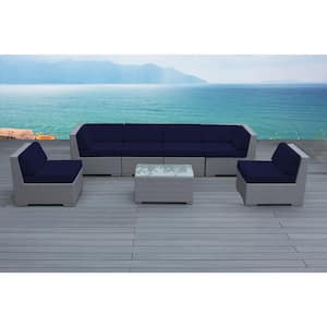 Gray 7-Piece Wicker Patio Seating Set with Sunbrella Navy Cushions