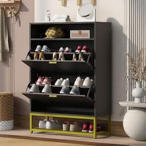 44.9 in. H x 31.5 in. W Black Wood Shoe Storage Cabinet with with 2 Flip Drawers, 1 Open Shelf, 1 Bottom Gold Shelf