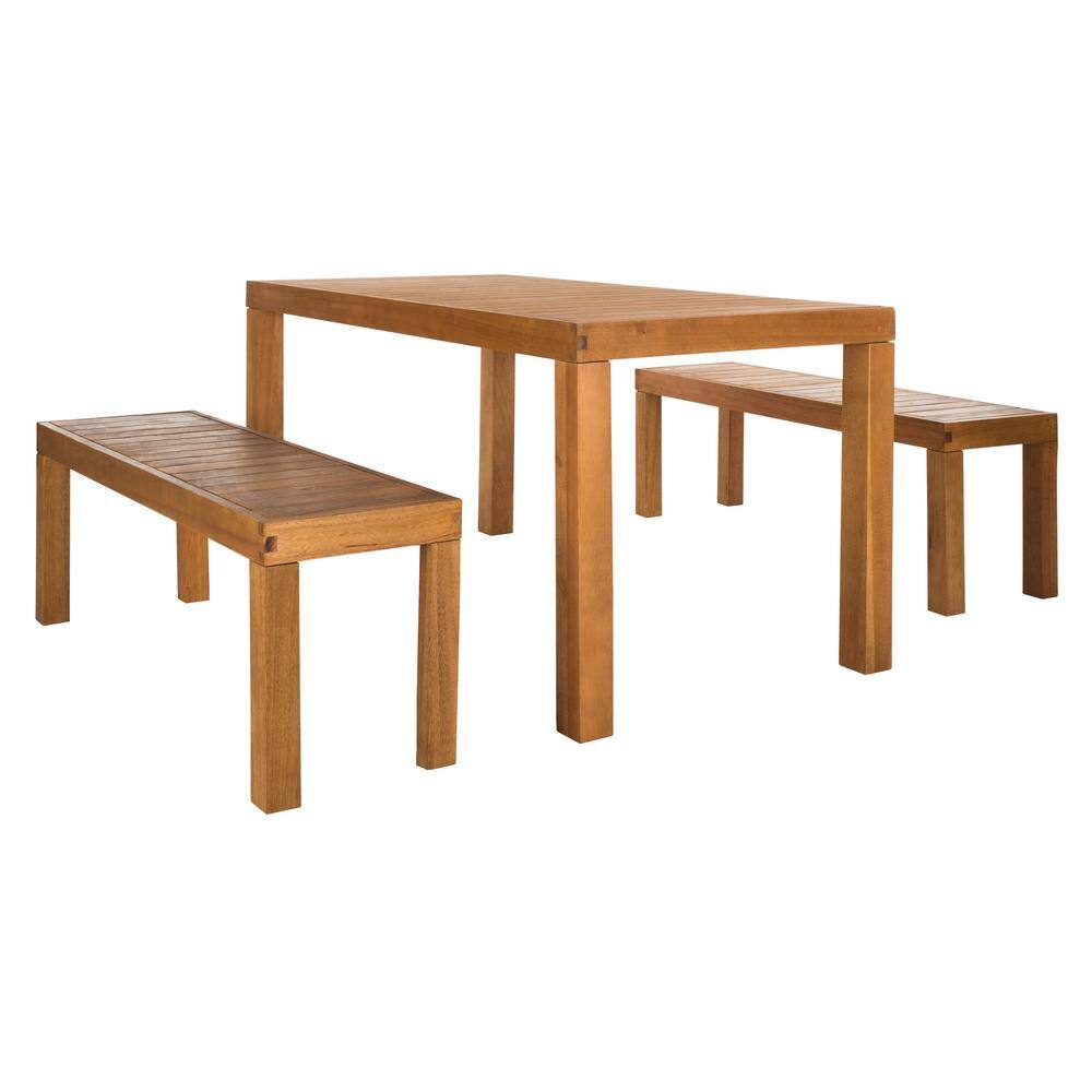 Natural Wood 3-Piece Rectangular Dining Set with Benches