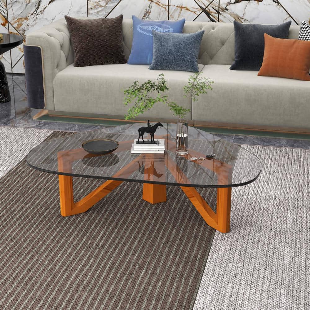 Light Walnut Triangular Glass Top Coffee Table